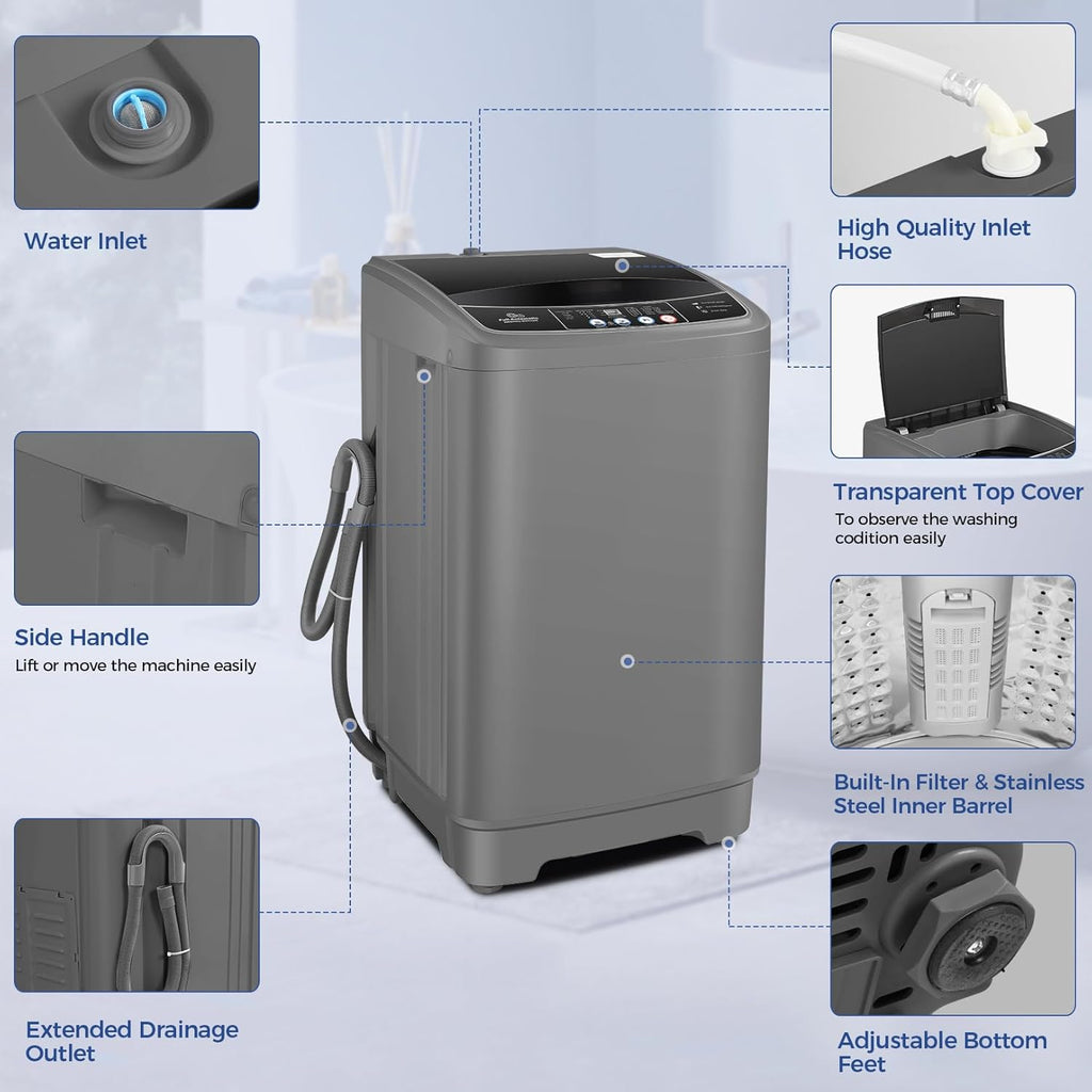 Portable Washing Machine, 17.8Lbs Portable Washer Machine, 2.4Cu.ft Compact Laundry Washer and Dryer Combo with Drain