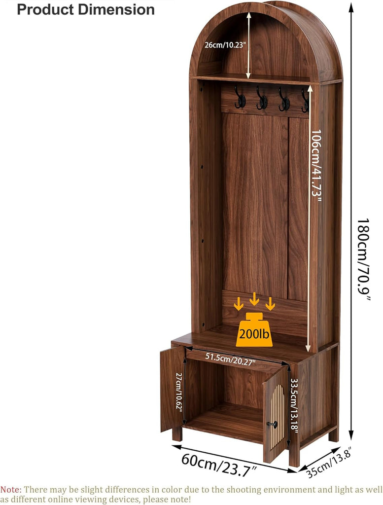 Hall Tree with Bench and Shoe Storage, Entryway Storage Bench with Coat Rack, 70.9"Arch Coat Rack with 4 Hooks and 2