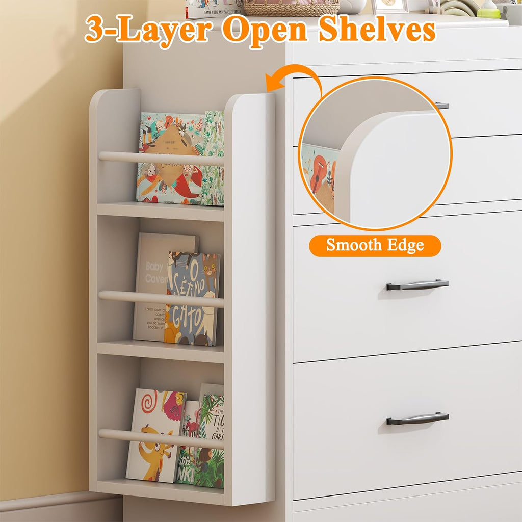 Changing Table Dresser, Baby Nursery Dresser with 4 Drawers & 1 Cabinet & 3 Open Shelves Storage, Modern Diaper