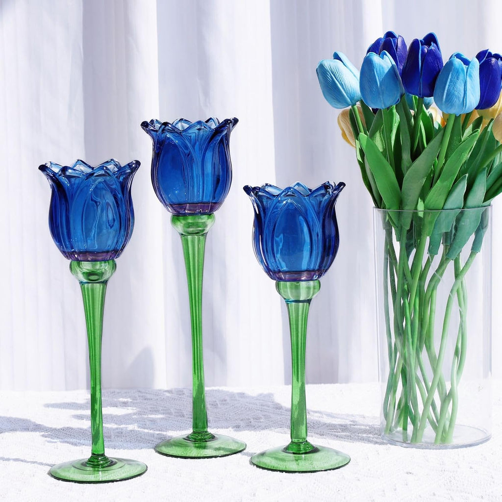 Blue Flower Tealight Candle Holder Set of 3 with Different Heights, Lovely Tulips Tea Light Candle Holder Glass Table