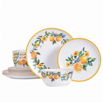 Lemon Dinnerware Set for 4, 12-Piece Melamine Plates and Deep Bowls
