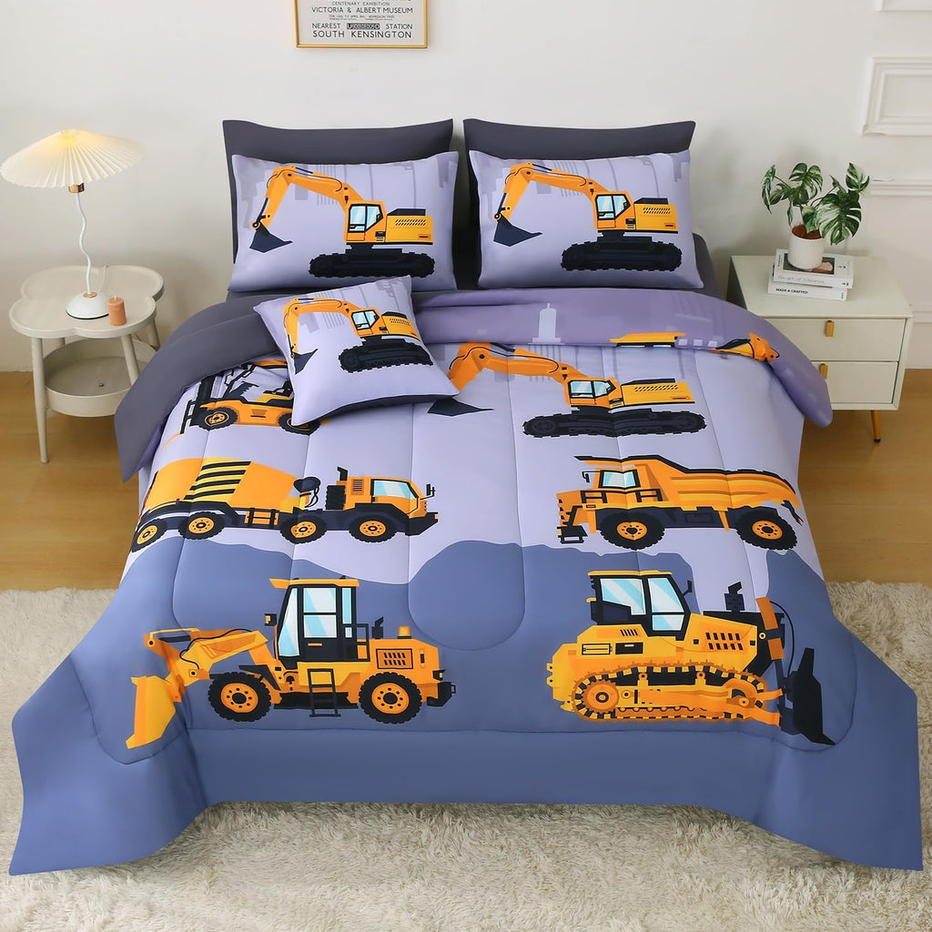 Construction Bedding Sets for Boys Kids, 6 Piece Bed in A Bag 3D Cartoon Car Excavator Tractor Comforter Set