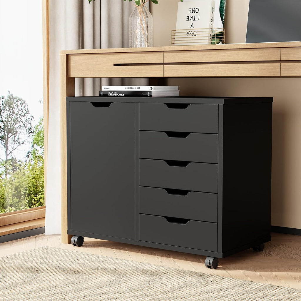5-Drawer File Cabinet, Printer Stand with Storage, Black | Wood Under Desk with Organizer with Door and Adjustable