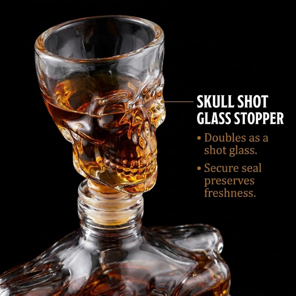 Whiskey Decanter and Shot Glass, Skull Skeleton Decanter, Halloween Decor, Skeleton Decorations, Liquor Decanter and