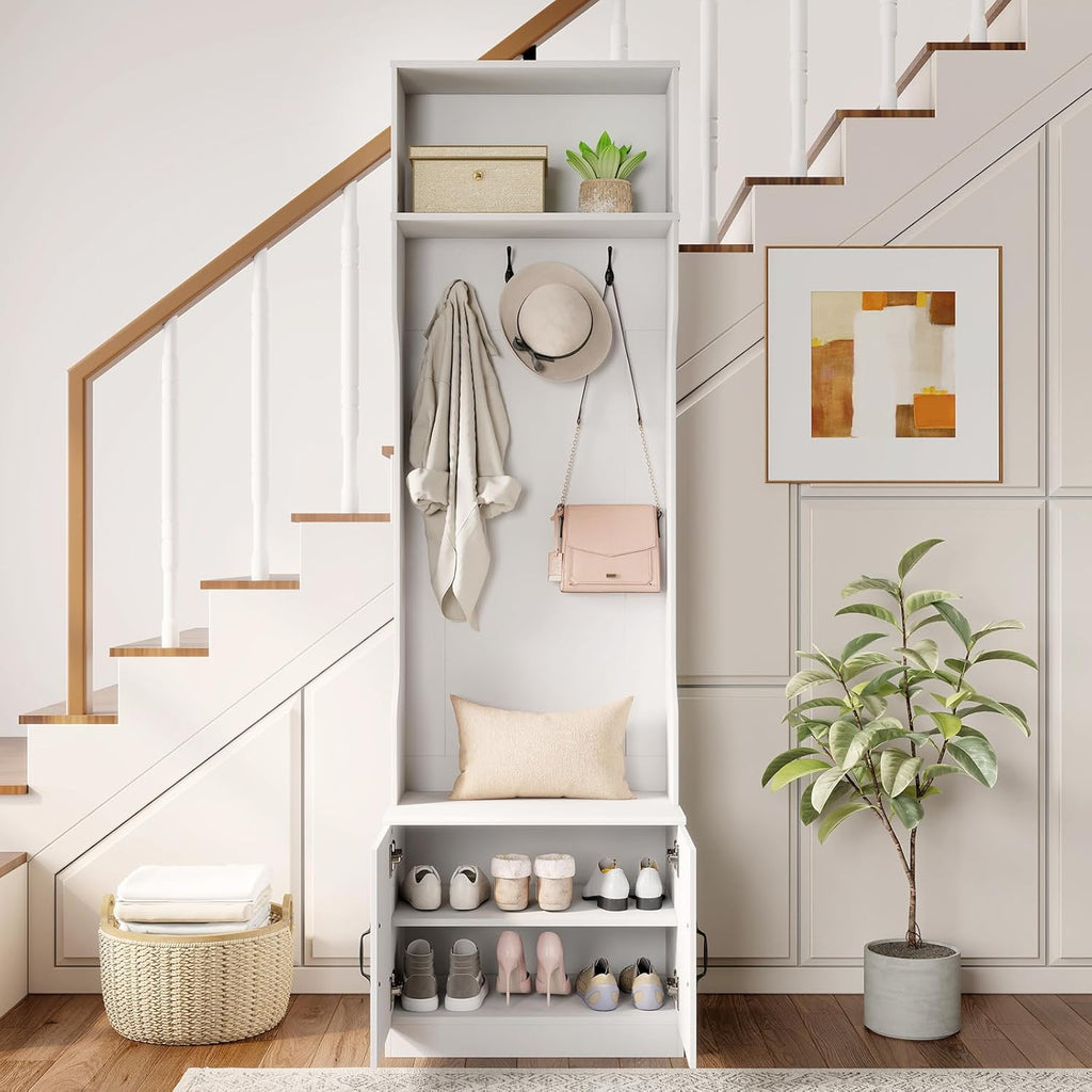 3-in-1 Hall Tree with Bench and Shoe Storage, 23.5" Tall Coat Rack with Adjustable Shelves, 4 Hanging Hooks, 2-Door