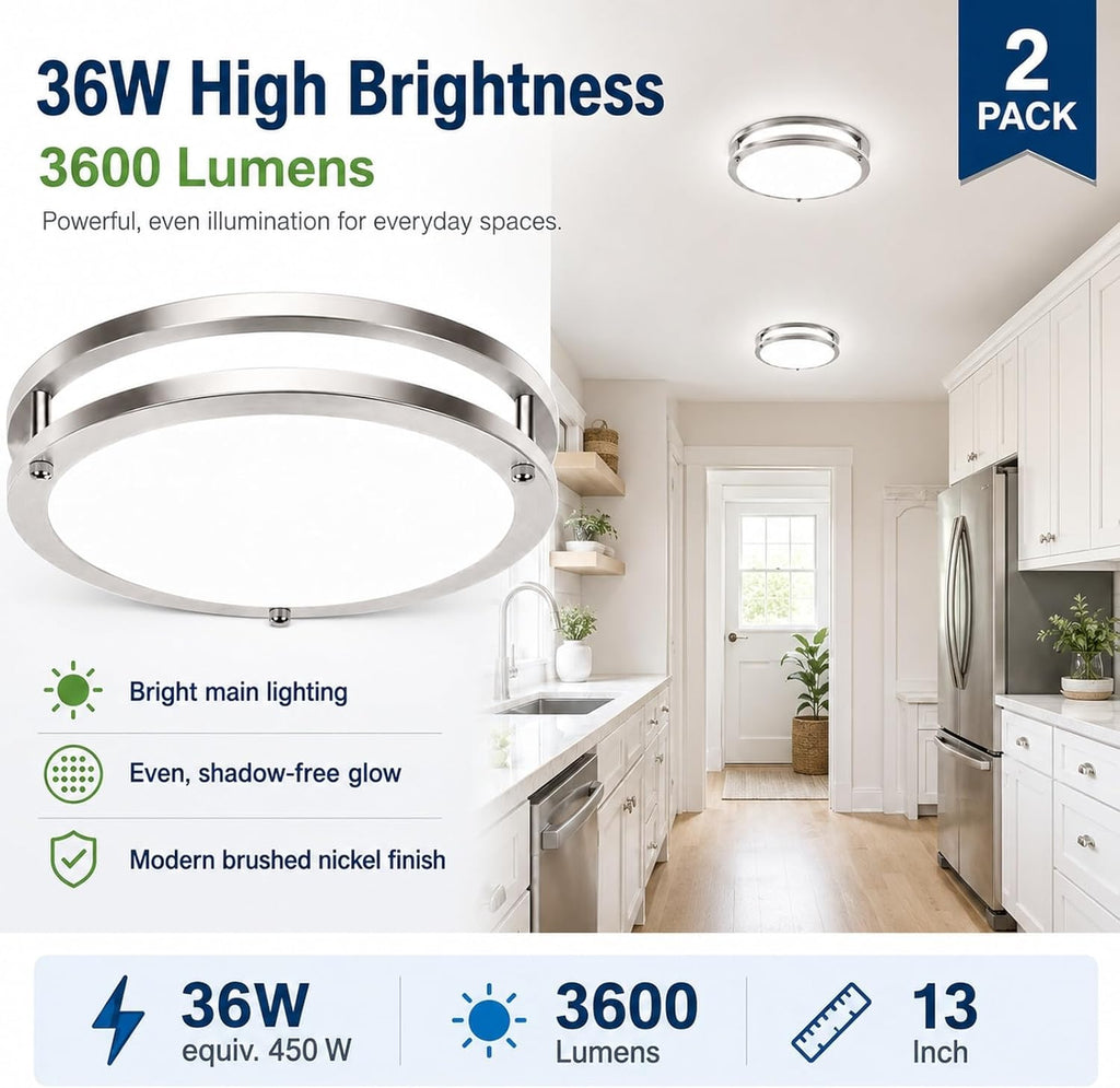 13in 36W Dimmable LED Ceiling Lights, 2-Pack 3600lm Super Bright Energy-Efficient Flush Mount Light Fixture
