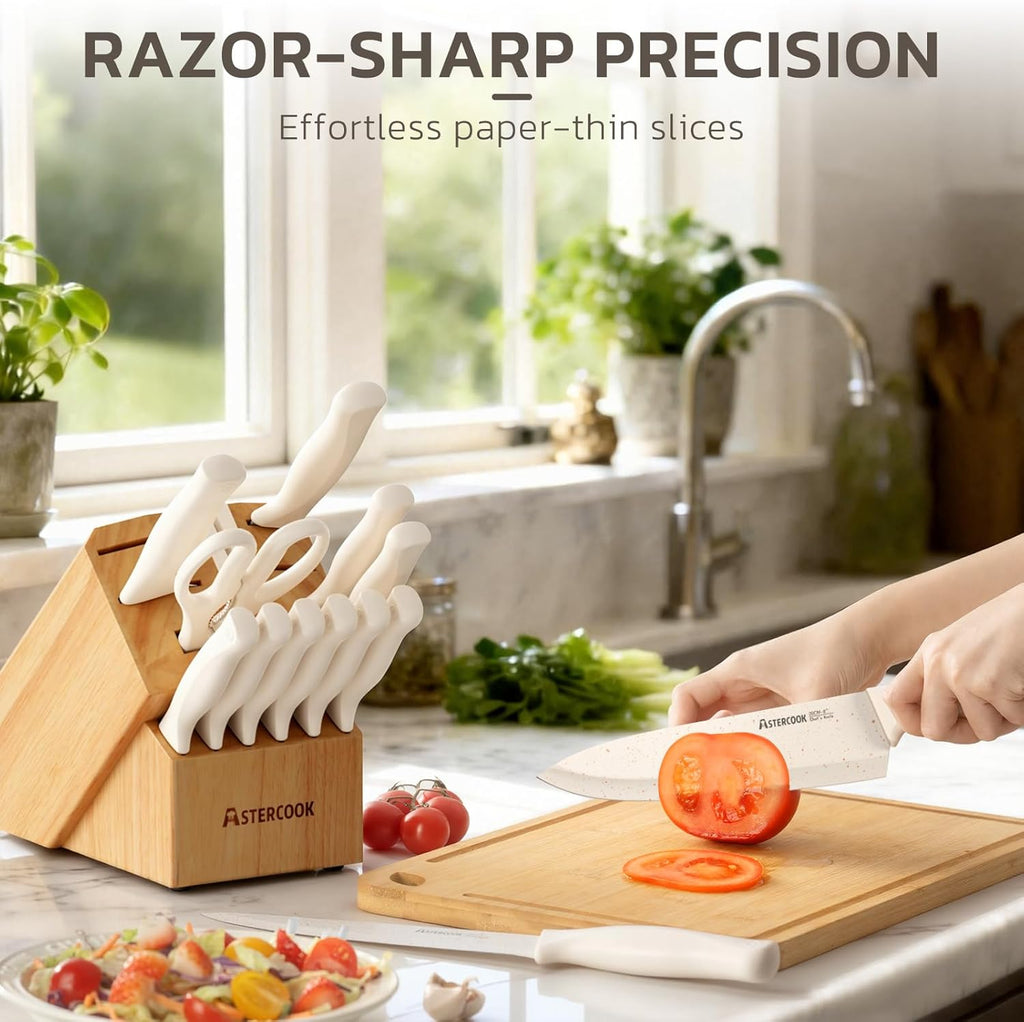 Knife Set, 15 Pieces Kitchen Knife Set with Sharpener Block, German Stainless Steel Knives with Anti-Rust Coating