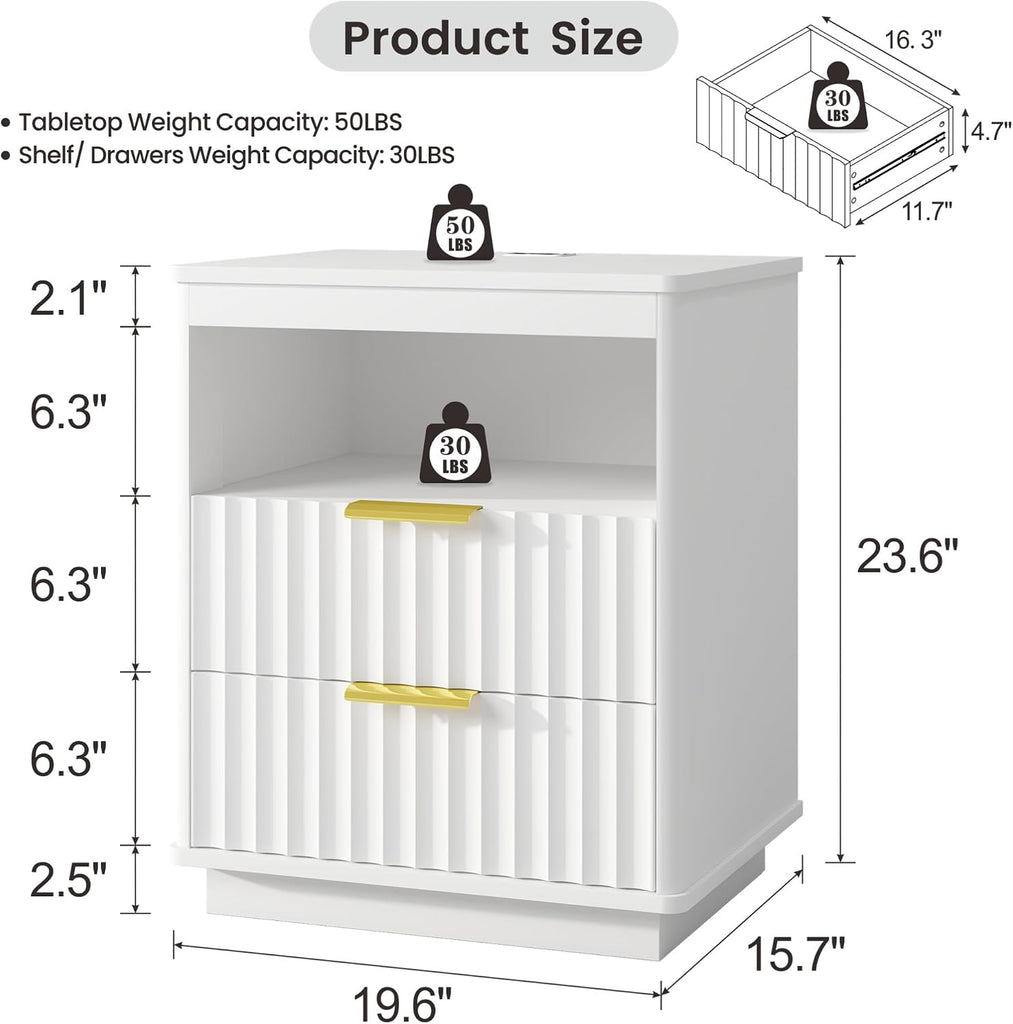Nightstand Set 2 with LED Light & Charging Station, White | 2 Drawers, Open storage space, Smart Bedside Table, Human