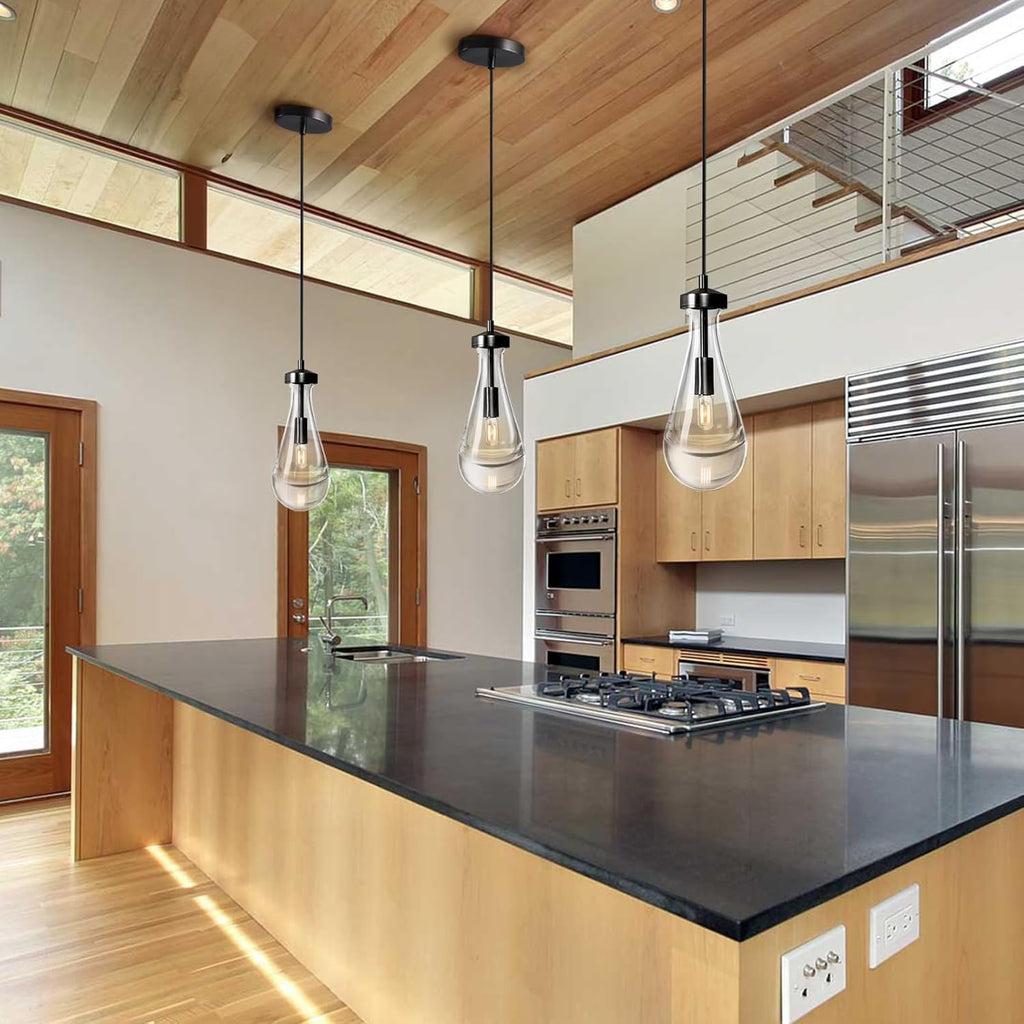 Raindrop Pendant Lights Kitchen Island Teardrop Black Hanging Light Fixtures Clear Solid Glass Pendant Light Modern Chandeliers for Dining Room Porch Corridor Living Room