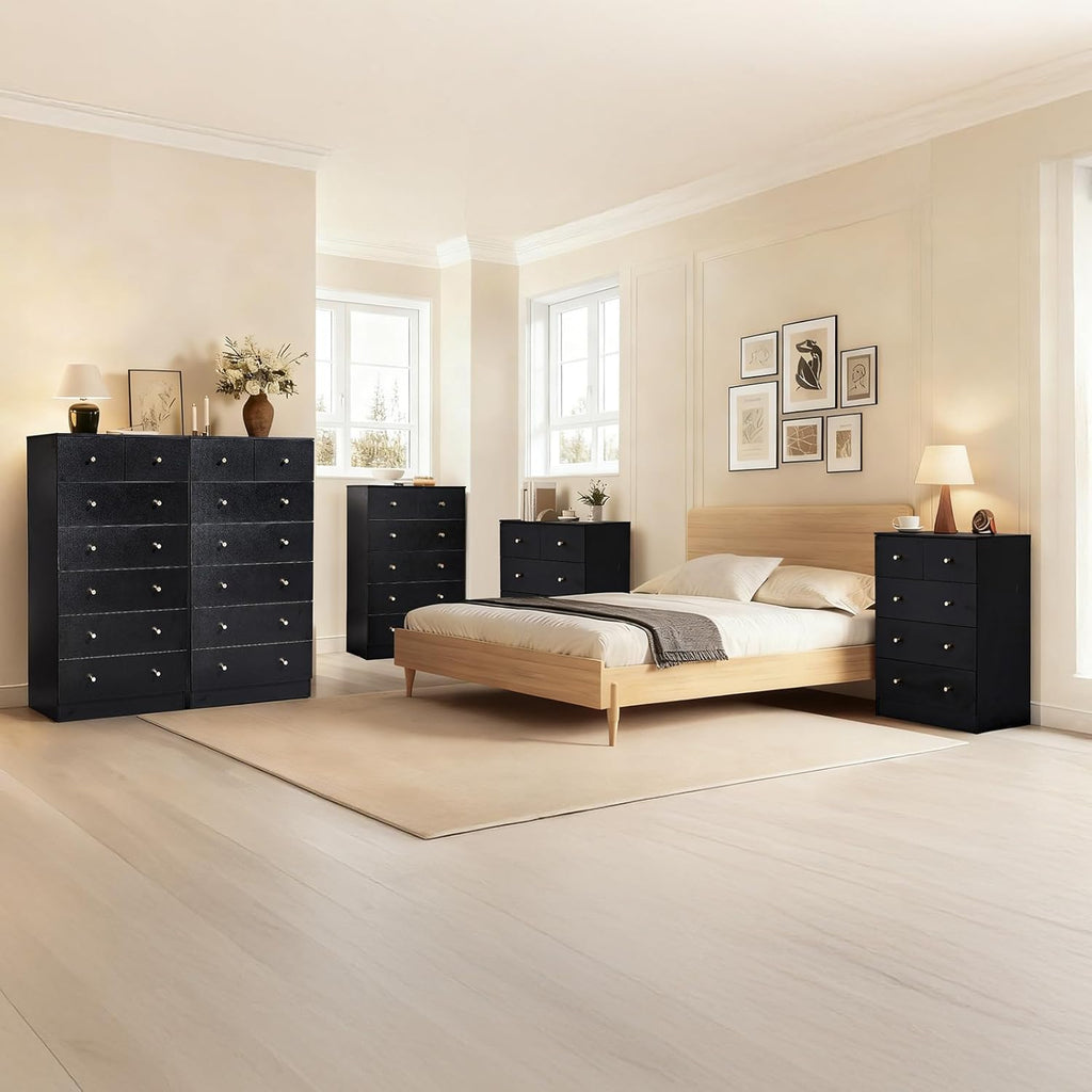 Black 6 Drawer Dresser, Rose Gold Handle Modern Bedroom Chest | Modern Wood Storage Dresser with Anti-Tipping Device