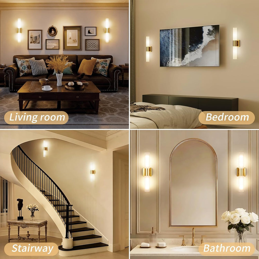 Wall Sconces Set of Two, Modern 21" Vanity, Frosted Glass, Gold | Indoor Wall Light Fixture. , Mirror, Bedroom