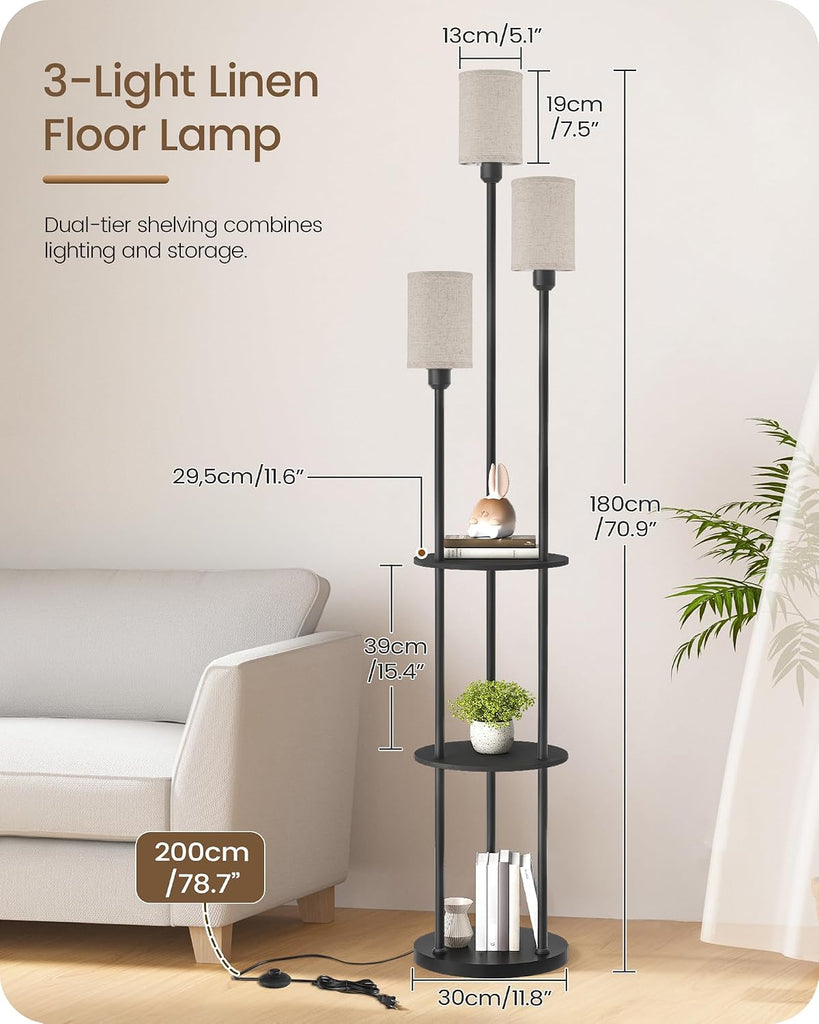 Floor Lamp with Shelves, Modern Floor Lamp with 3 Linen Shades and Foot Switch, 3-Light Standing Lamp