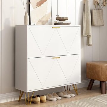 White Shoe Cabinet Storage, Narrow Shoe Cabinet with 2 Flip Drawers, Freestanding Organizer with Fluted Panel