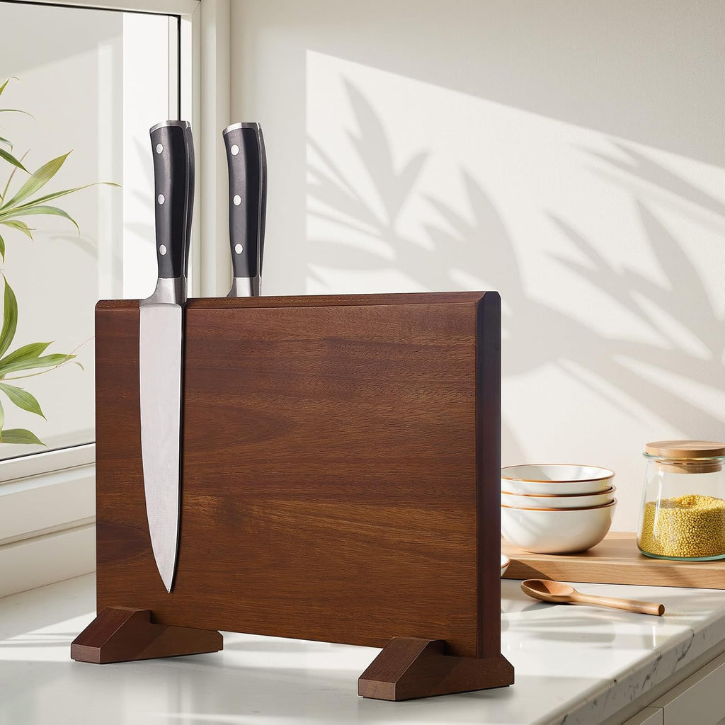 Magnetic Knife Block, Double-Sided Thick Acacia Wood Knife Holder Stand with Strong Magnets, Multifunctional Kitchen