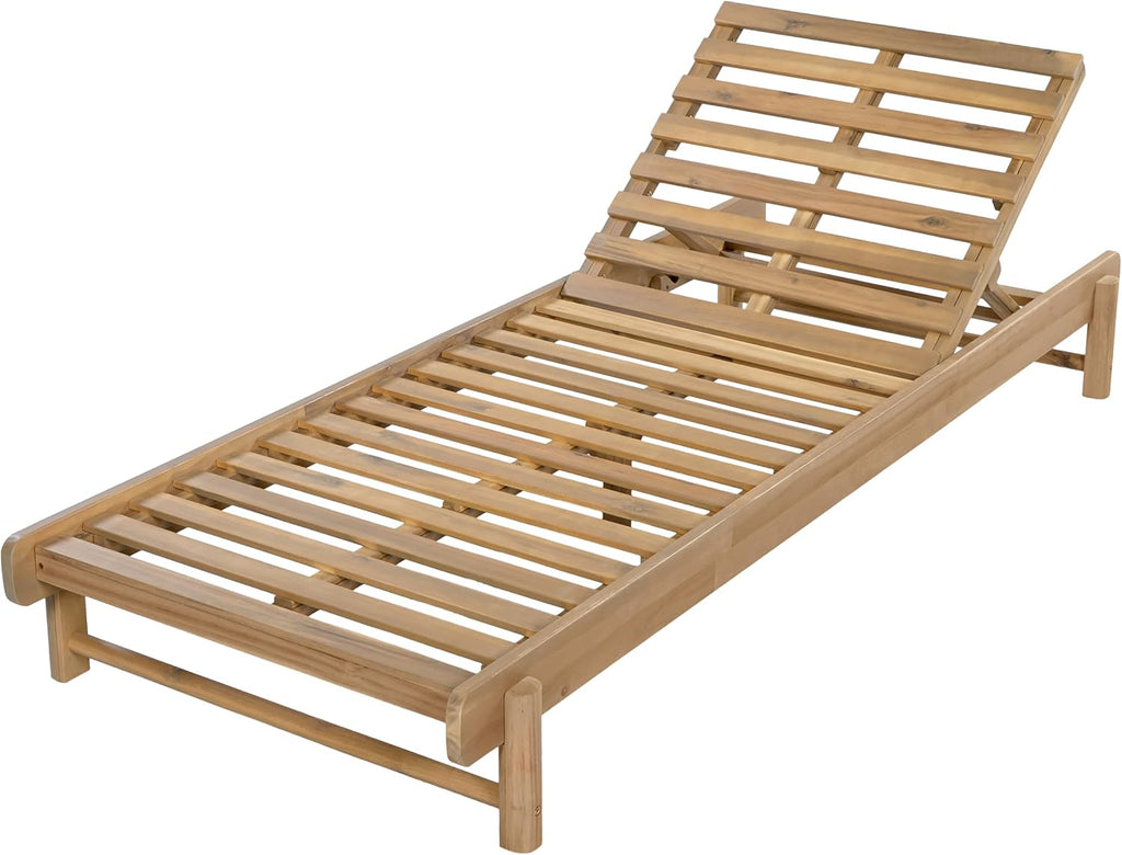 Outdoor Chaise Lounge with 2-Fold Cushion, Acacia Wood Recliner Chair Frame with Slatted Design, Patio Lounger