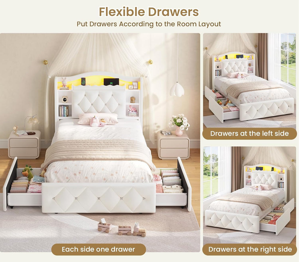 Twin Size Bed Frame for Kids with Storage Drawers, Bookcase Headboard, LED Lights and Power Outlets, Diamond Tufted