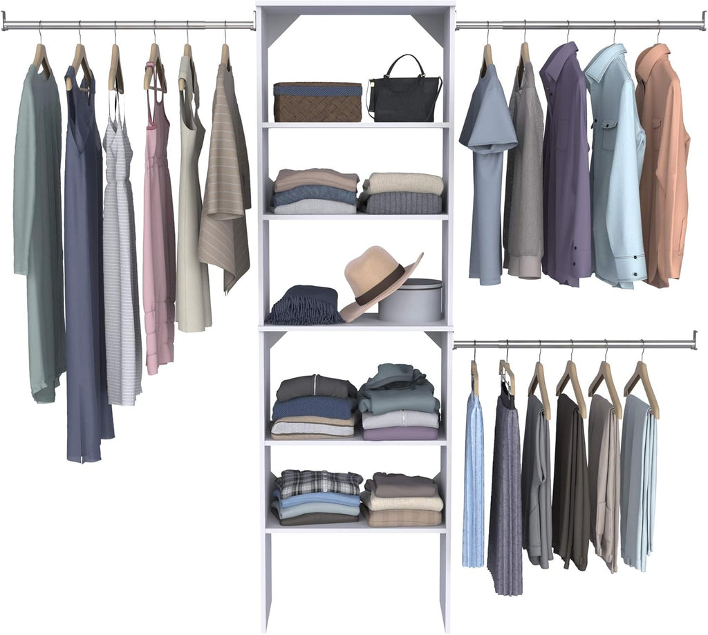 SuiteSymphony Wood Closet Organizer System, 25-Inch Starter Kit with Tower and 3 Hang Rods and Shelving, Adjustable