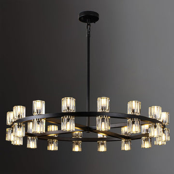 36" Black Wagon Wheel Chandelier, Extra Large Chandeliers for high Ceilings, Round Crystal 32 Lights Chandelier for Dining Room Kitchen (Bulb Include)