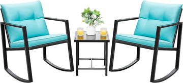 3 Pieces Patio Furniture Set Wicker Outdoor Rocking Chair, Blue | PE Rattan Patio Conversation Sets, Bistro Sets of 2