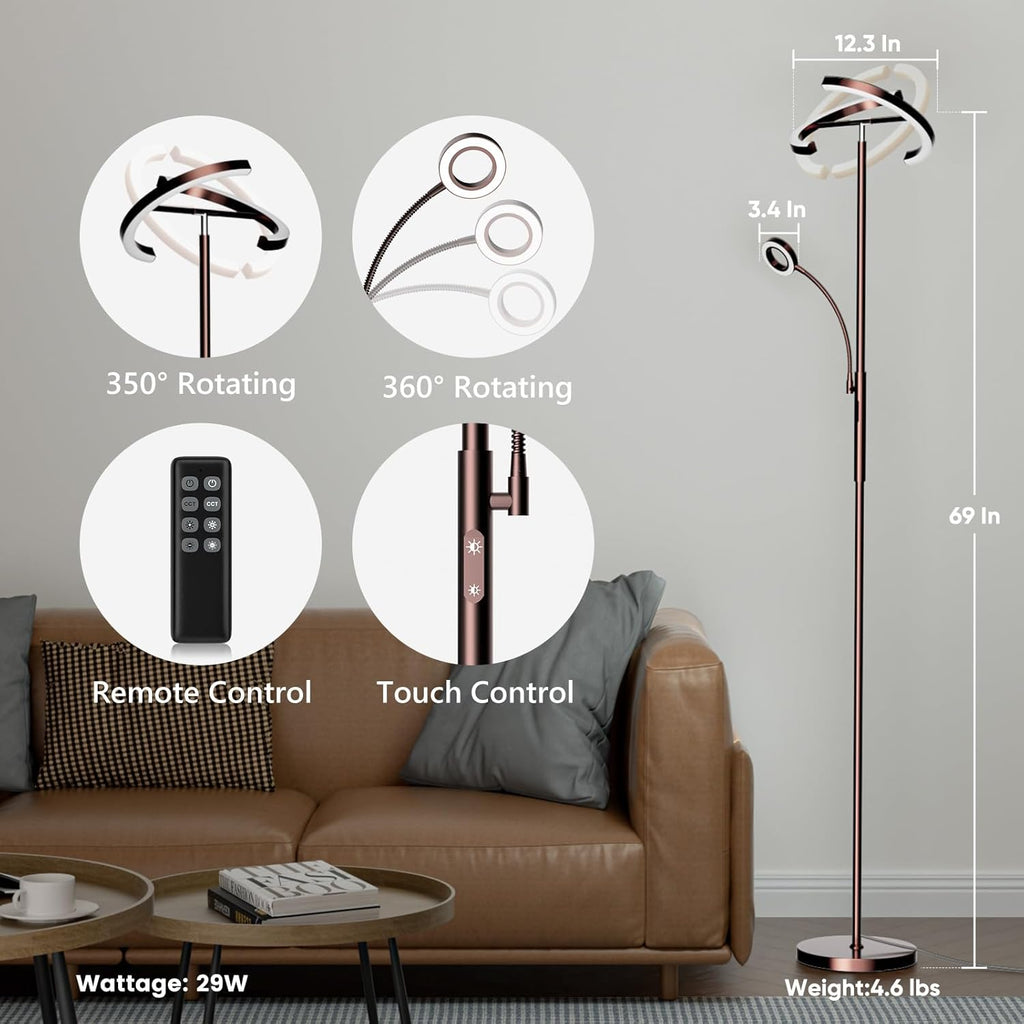 2-in-1 Brown LED Floor Lamp - 69" Dimmable Torchiere Standing Lamp with Remote Touch Control