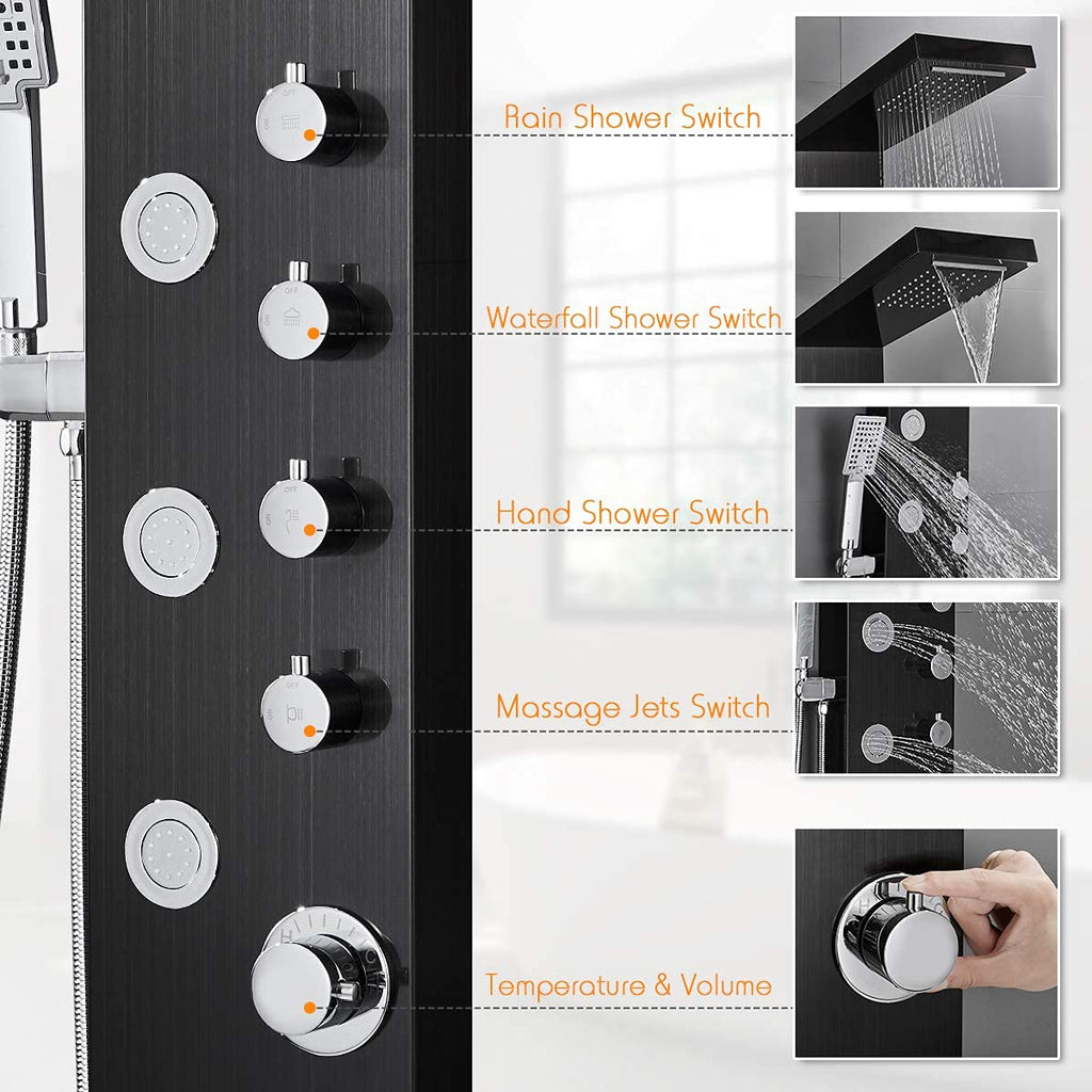 4-in-1 Rainfall Waterfall Shower Panel Tower System, Black