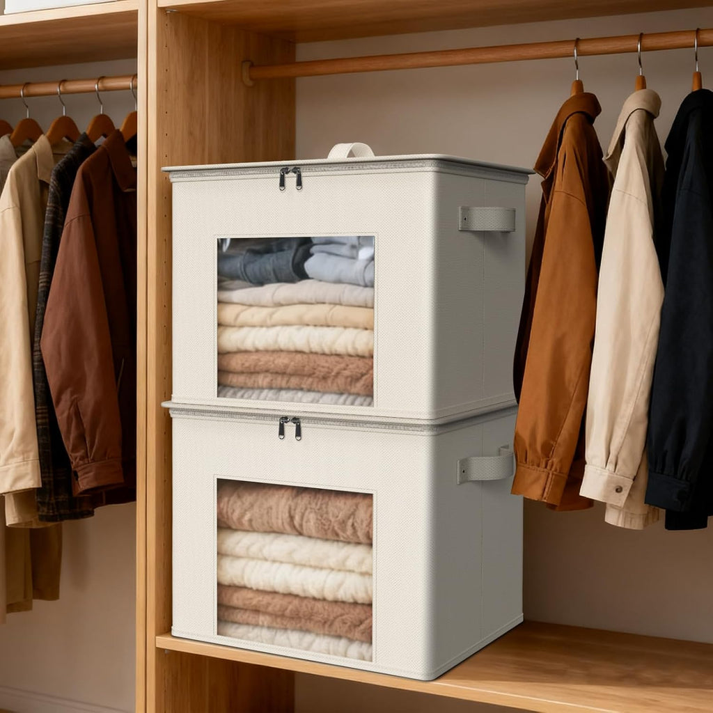 Fabric Storage Bins with Lid Sweater Closet Organizer, Beige,4 Pack | Stackable, Smooth Zipper, Clear Window, Cloth