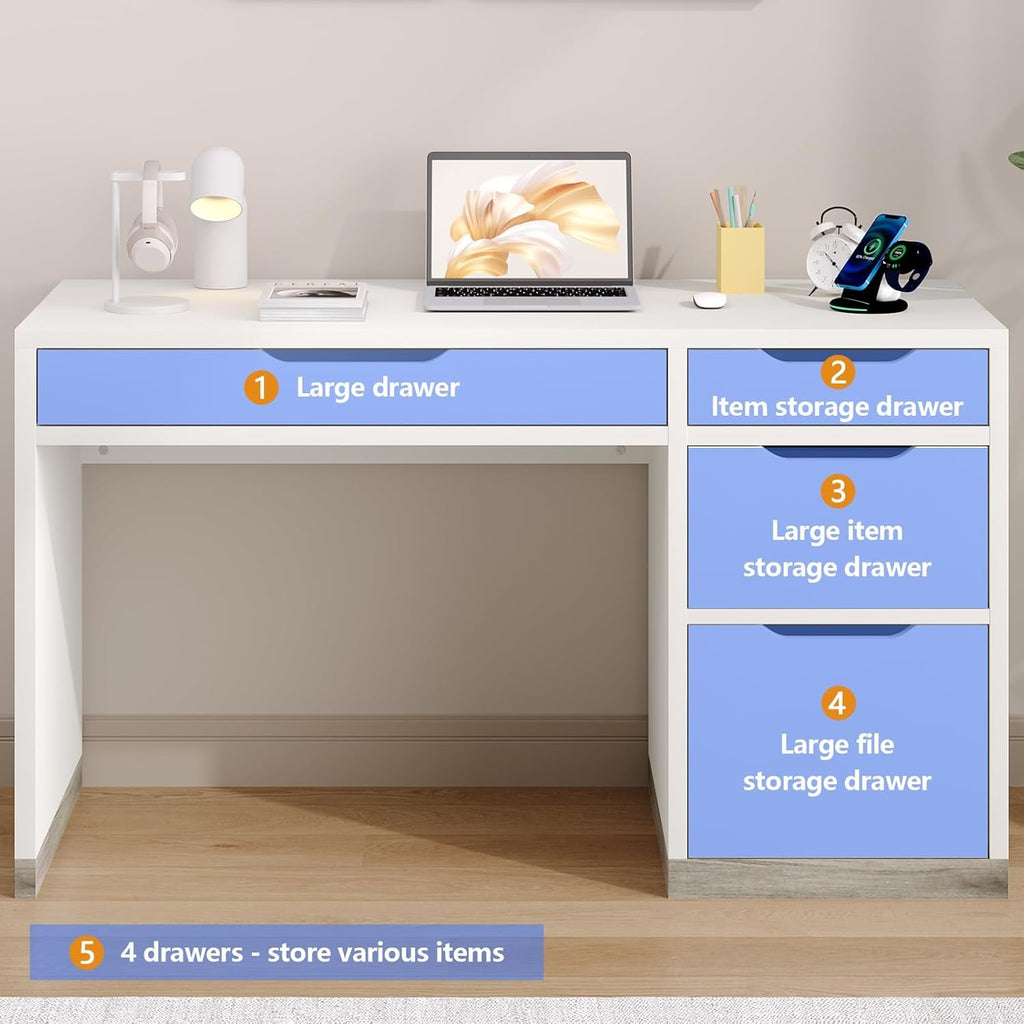 52 Inch White Desk with 4 Drawers, Computer Desk with Storage for Small Spaces with Storage File Cabinet