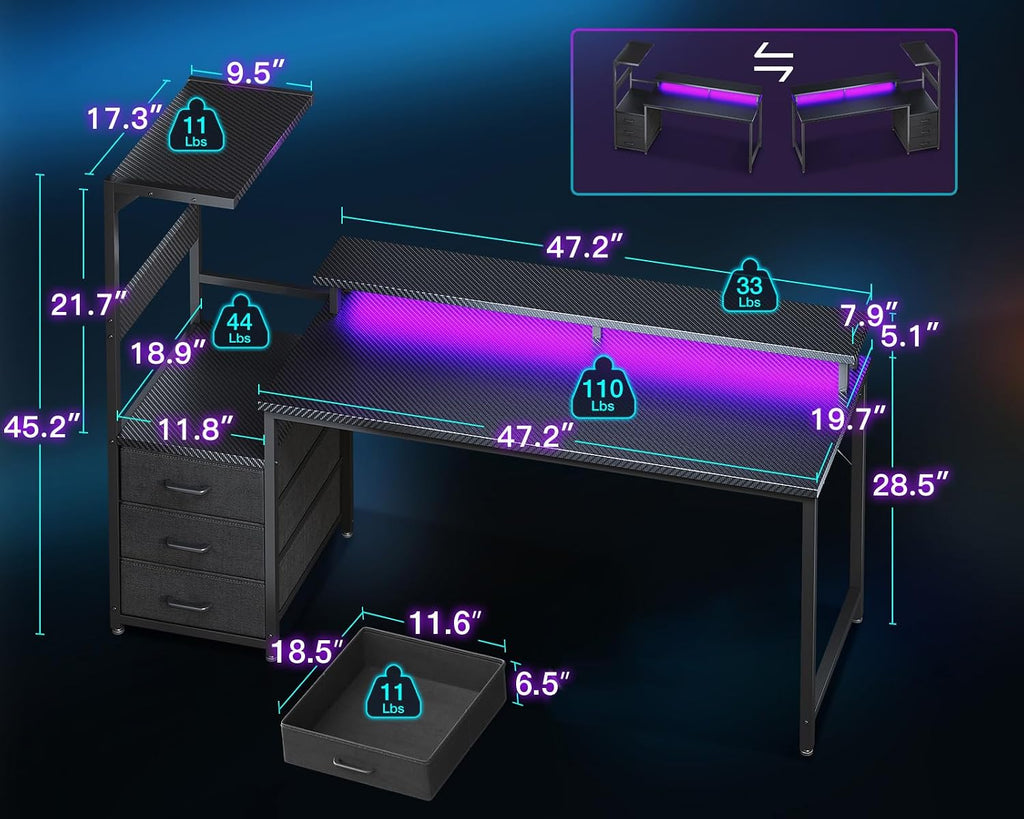 Gaming Desk w/PC Showcase Stand, 59" Reversible, RGB LED, Black | Elevated stand fits Lian Li O11, Hyte Y60. Triple
