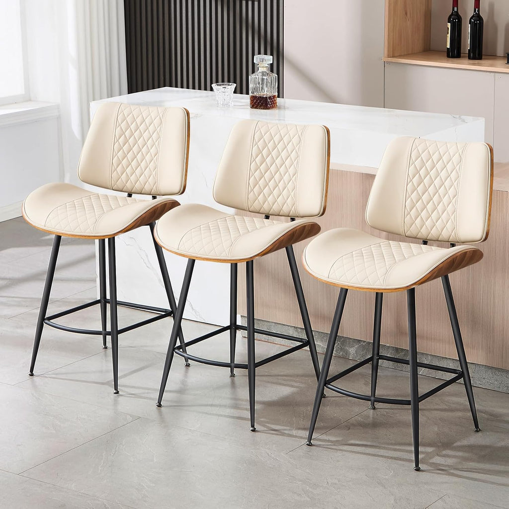 Counter Height Barstools Set of 3, 26.9" Armless Stools with Metal Legs, Walnut Pub Chair in Modern Style, PU Leather