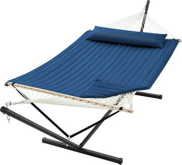 12ft Double Hammock with Stand, Rope Hammock for 2 Person, Detachable Hammock Bed and Pillow, Portable, Anti-Tip