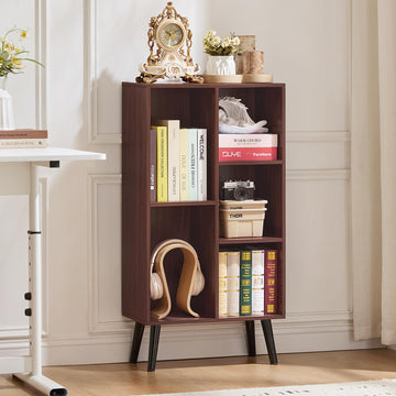 5 Cube Bookshelf, Mid-Century Modern Book Shelf with Legs, Walnut