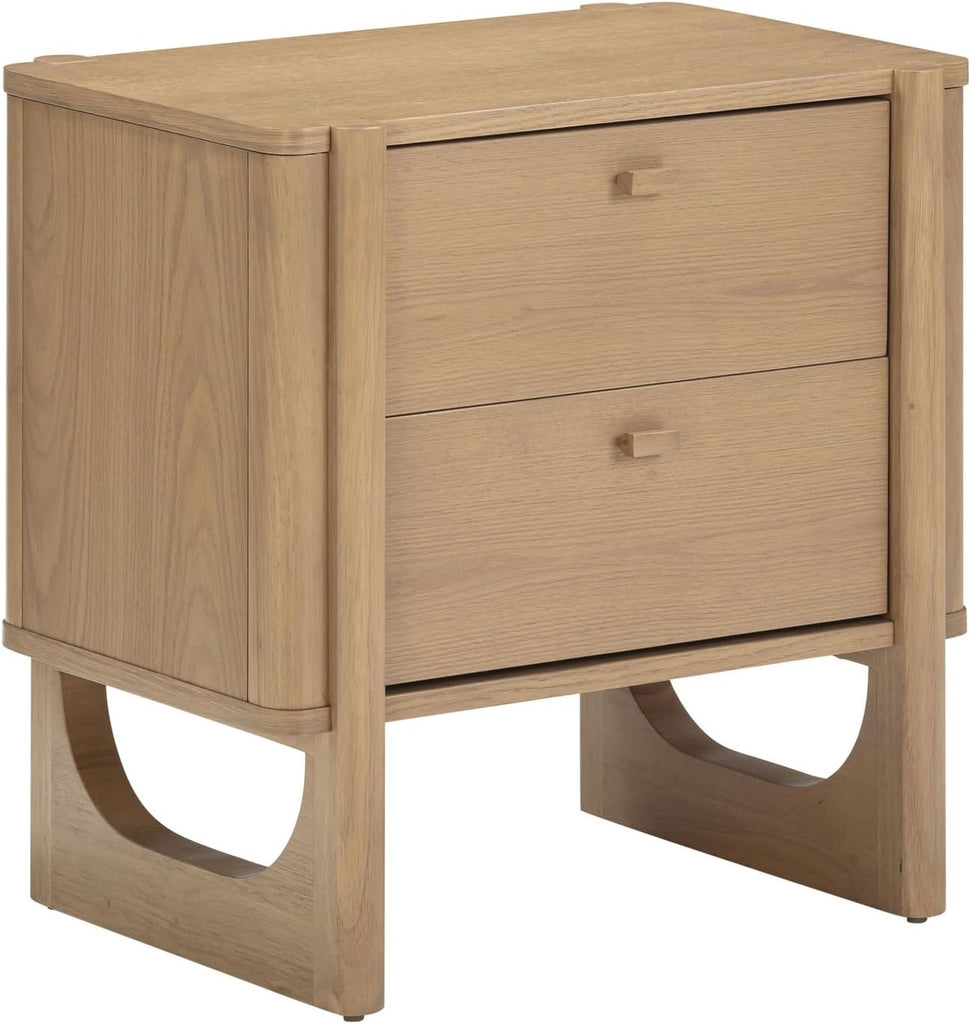 Solace Mid Century Modern 2 Drawer Nightstand with Solid Wood Frame and Rounded Details, Raw Oak