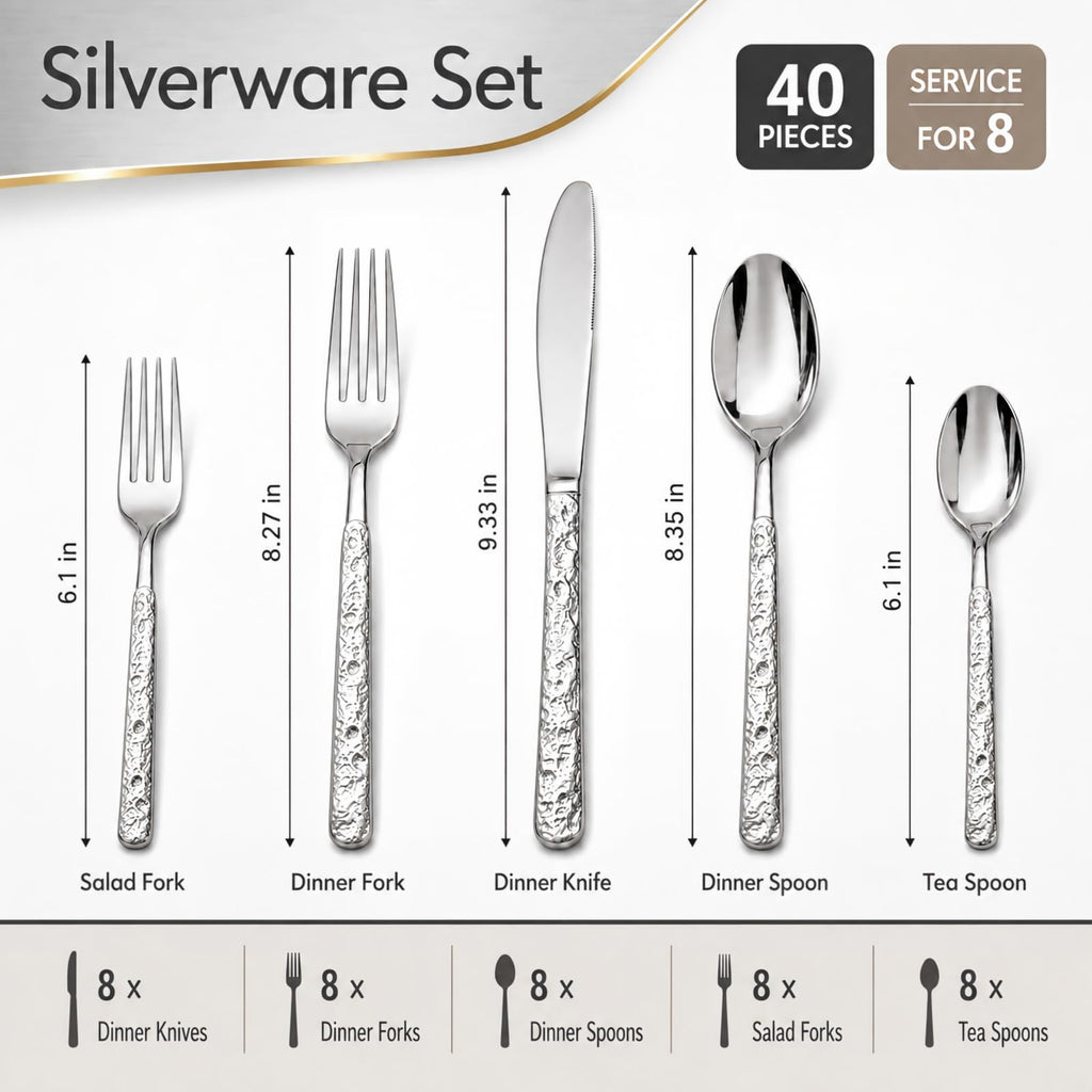 40-Piece Silverware Set Stainless Steel Hammered Flatware Service for 8