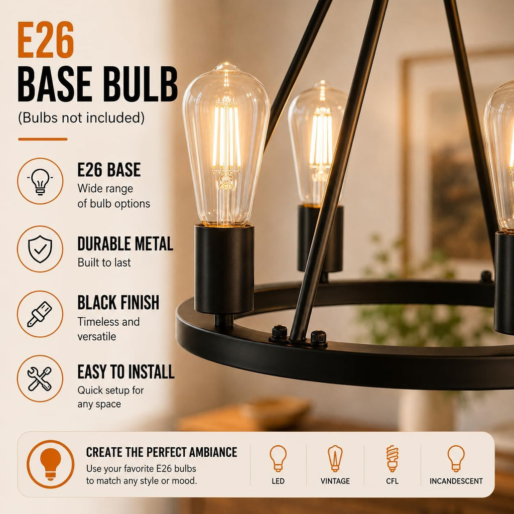 4-Light Plug in Chandelier,Wagon Wheel Style,Black Round Metal Chandelier,Hanging Light with 16.5ft Cord