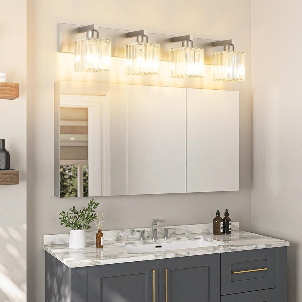 Brushed Nickel Bathroom Lighting Fixtures 4 Light Crystal Modern Bathroom Vanity Light (Exclude Bulb)