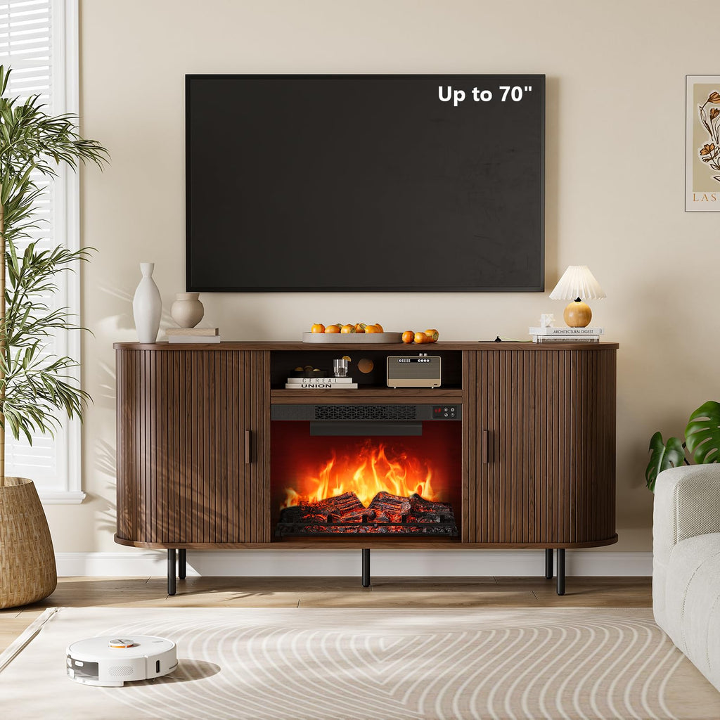 63" Fluted Fireplace TV Stand with 23" Electric Fireplace, Walnut
