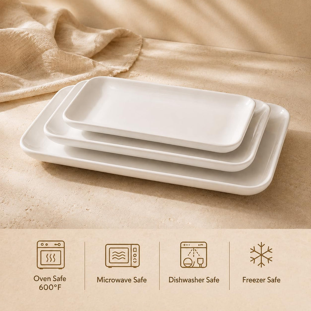 Large Serving Platter Set of 3, 16/14/12 Inch Porcelain Serving Trays for Party - White Ceramic Rectangular Platters