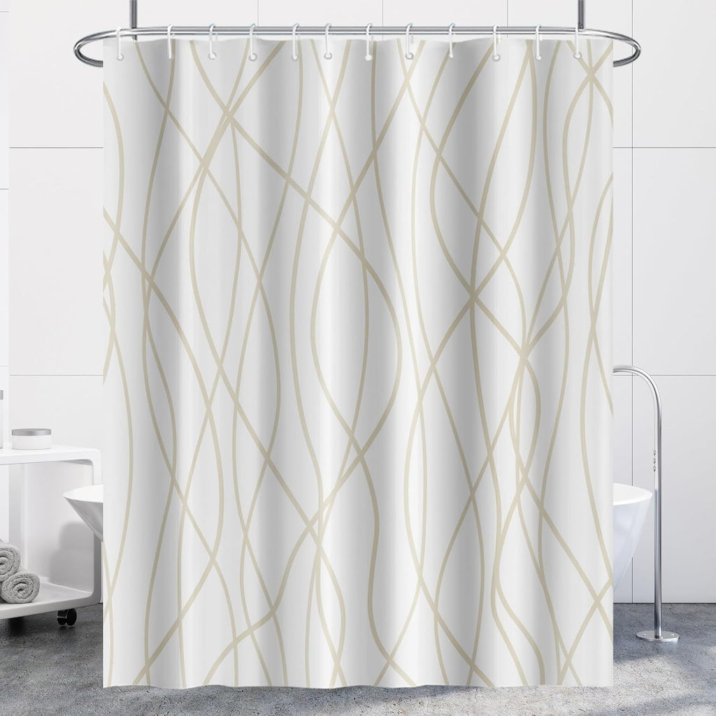 Beige Khaki Striped Long Shower Curtain 72"x78" | Modern Geometric Lines, Room Divider, Waterproof Machine Washable