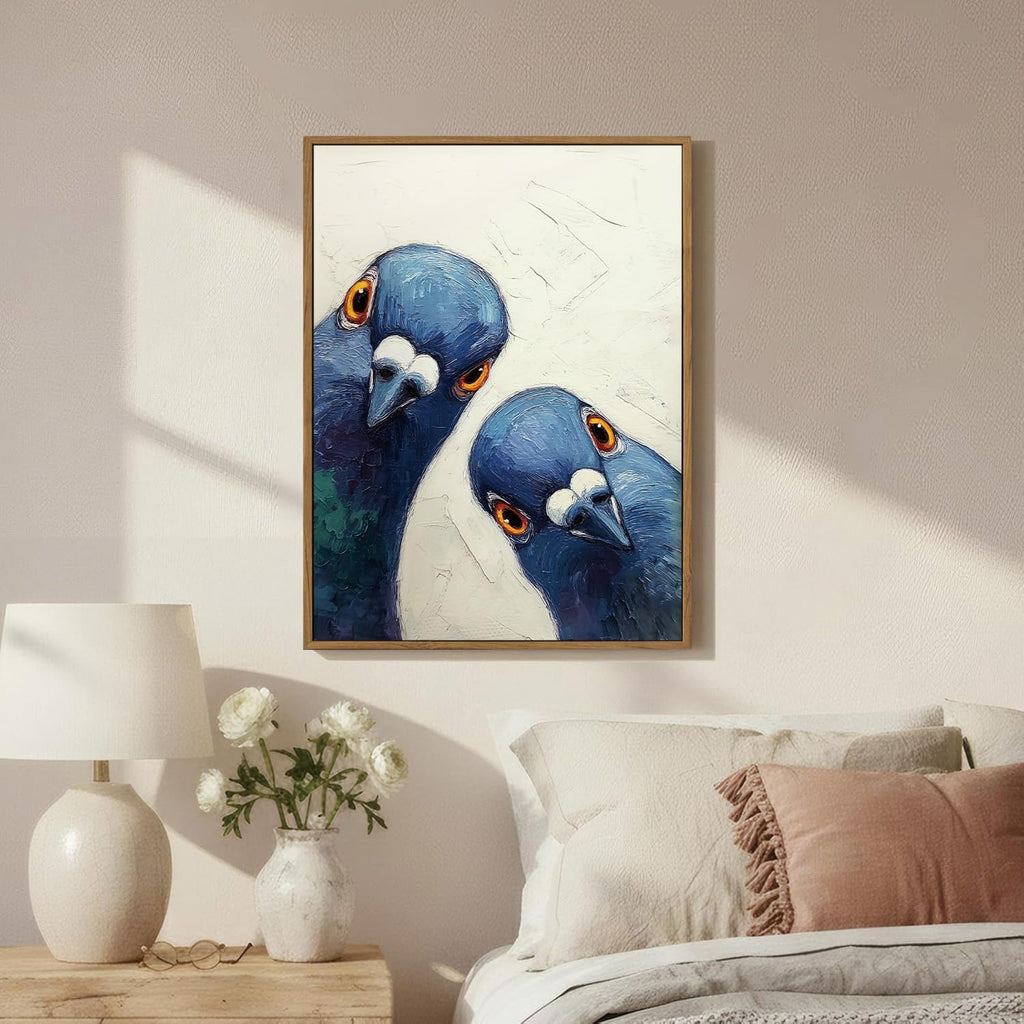 Framed Funny Pigeons Bathroom Wall Art Blue Bird Canvas Art Prints Quirky Wall Decor Pictures Whimsical Paintings