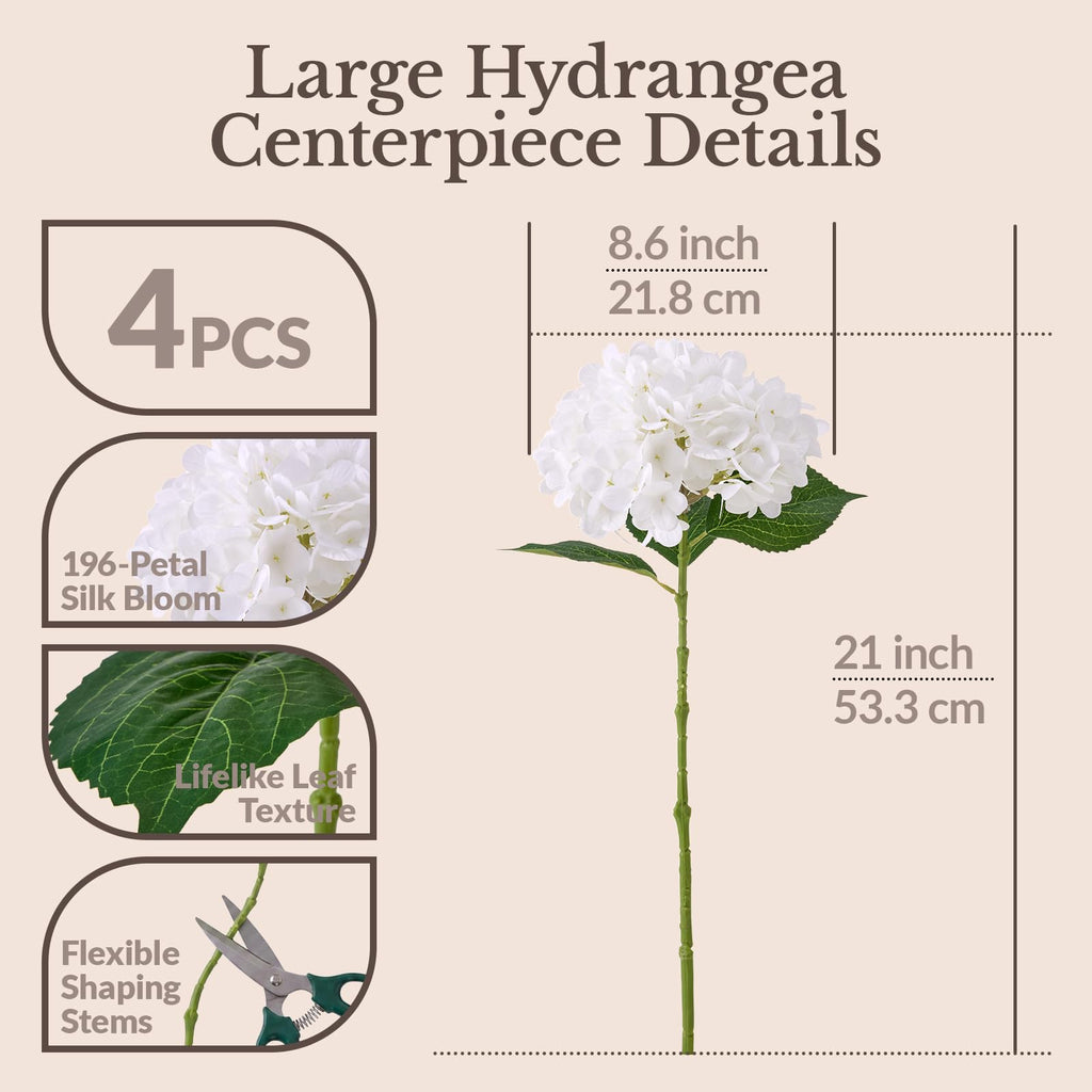 196-Petal Real Touch White Hydrangea Artificial, 4PCS, 21" Stems