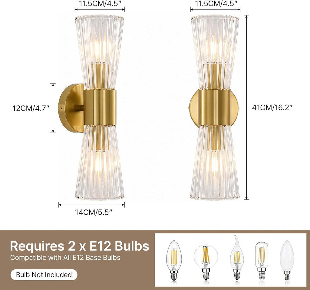 Gold Glass Wall Sconce Light,Mid Century Modern Bathroom Wall Sconces | Ribbed Clear Glass Gold Wall Light,2-Light
