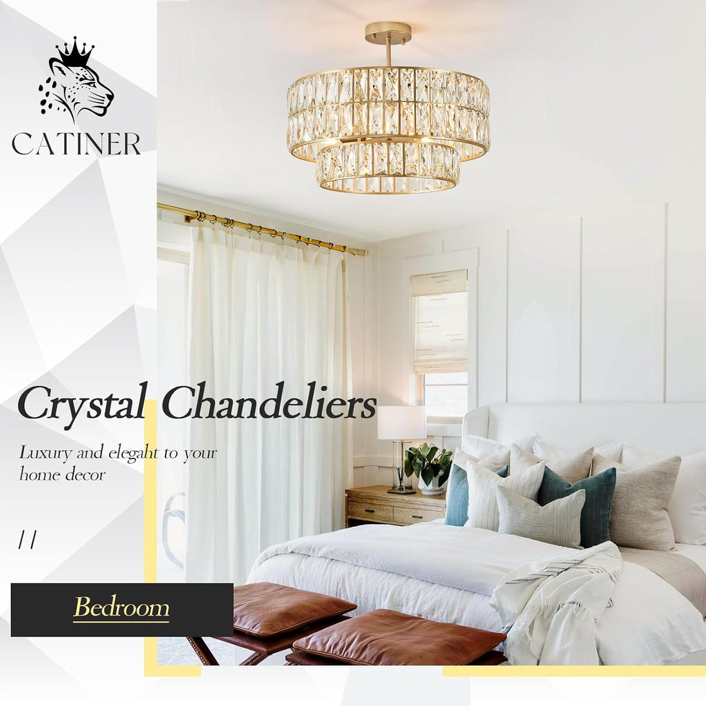 20'' Modern Gold Crystal Chandelier Luxury Semi Flush Mount Ceiling Light Fixtures 6-Lights Round Crystal Pendant