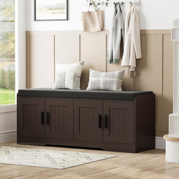 2-Tier Storage Bench, Shoe Bench with Thickened Padded Seat Cushion, Entryway Bench with 4 Doors, Adjustable Shelf