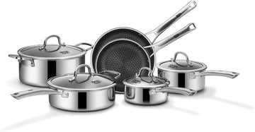 Pots and Pans Set Non Stick | Stainless Steel Kitchen Cookware | 10 Pcs | PFOA Free | Hybrid | Induction Compatible |