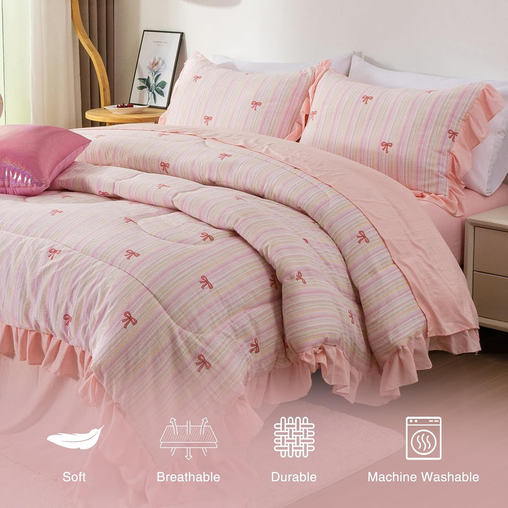 Rainbow Stripes & Bows Bedding,6pc Ruffle Girls Full Comforter