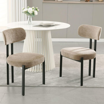Chenille Dining Chairs Set of 2, Modern Curved Back Armless Kitchen Chairs with Black Metal Legs Upholstered Dining Room Chairs Reception Chairs for Living Room Office Restaurant, Khaki