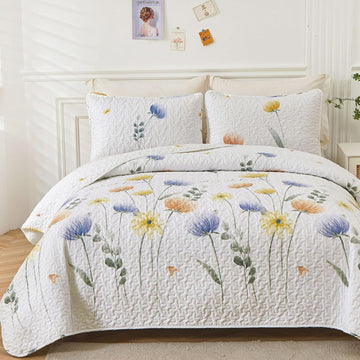 Floral Quilt Set 3 Pieces Blue & Yellow Quilts Bedding Set Bohemian Bedspread Bed Cover Lightweight Spring