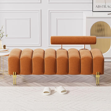 52.2" Velvet Upholstered Bench Ottoman with Adjustable Backrest, Orange | Modern Channel Tufted End of Bed Bench with