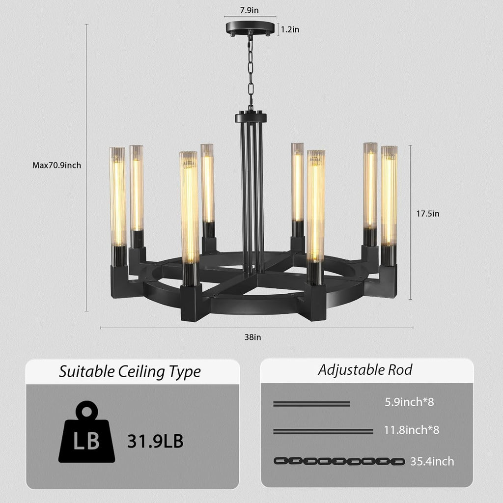 Inspired Cannele Style 36'' Black Wagon Wheel Chandelier with Knurled Glass Shade,8-Lights Modern Copper Farmhouse Chandeliers for High Ceilings,Large Round Chandeliers for Dining Room,Living Room,Bedroom,Foyer,Entryway