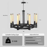 36'' Black Wagon Wheel Chandelier with Knurled Glass Shade,8-Lights Modern Copper Farmhouse Chandeliers for High Ceilings,Large Round Chandeliers for Dining Room,Living Room,Bedroom,Foyer,Entryway A114-B0DMSKPH25